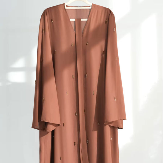 Coffee Beaded Open Abaya