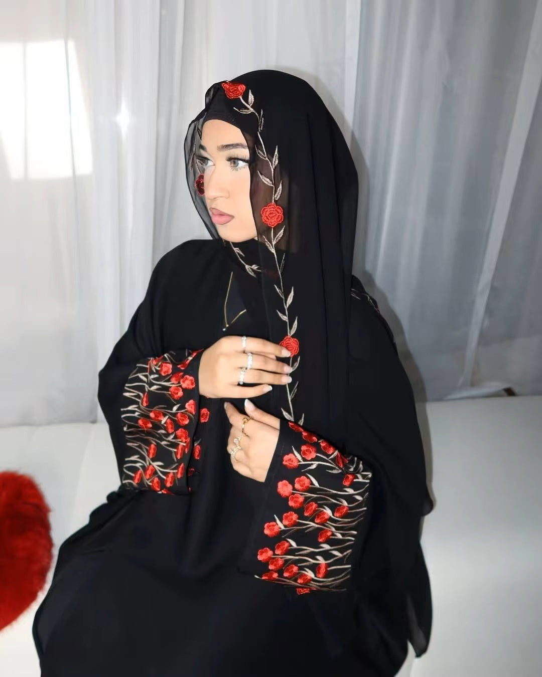 Kimono Abaya – Floral Embroidered Sleeves - Chaddors