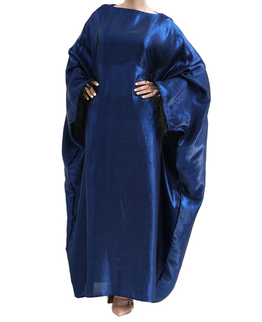 Navy Feather Sleeves Shinny Butterfly Abaya
