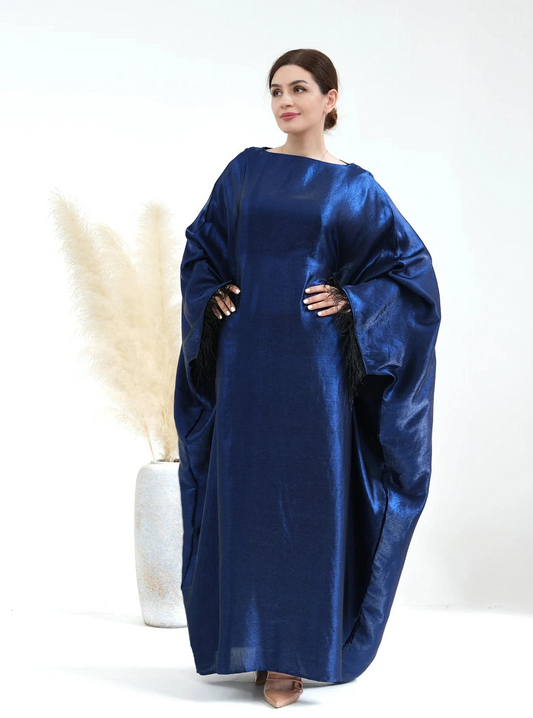 Navy Feather Sleeves Shinny Butterfly Abaya