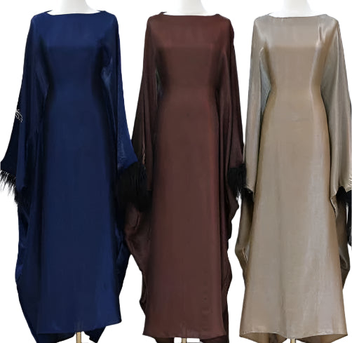 Coffee Feather Sleeves Shinny Butterfly Abaya