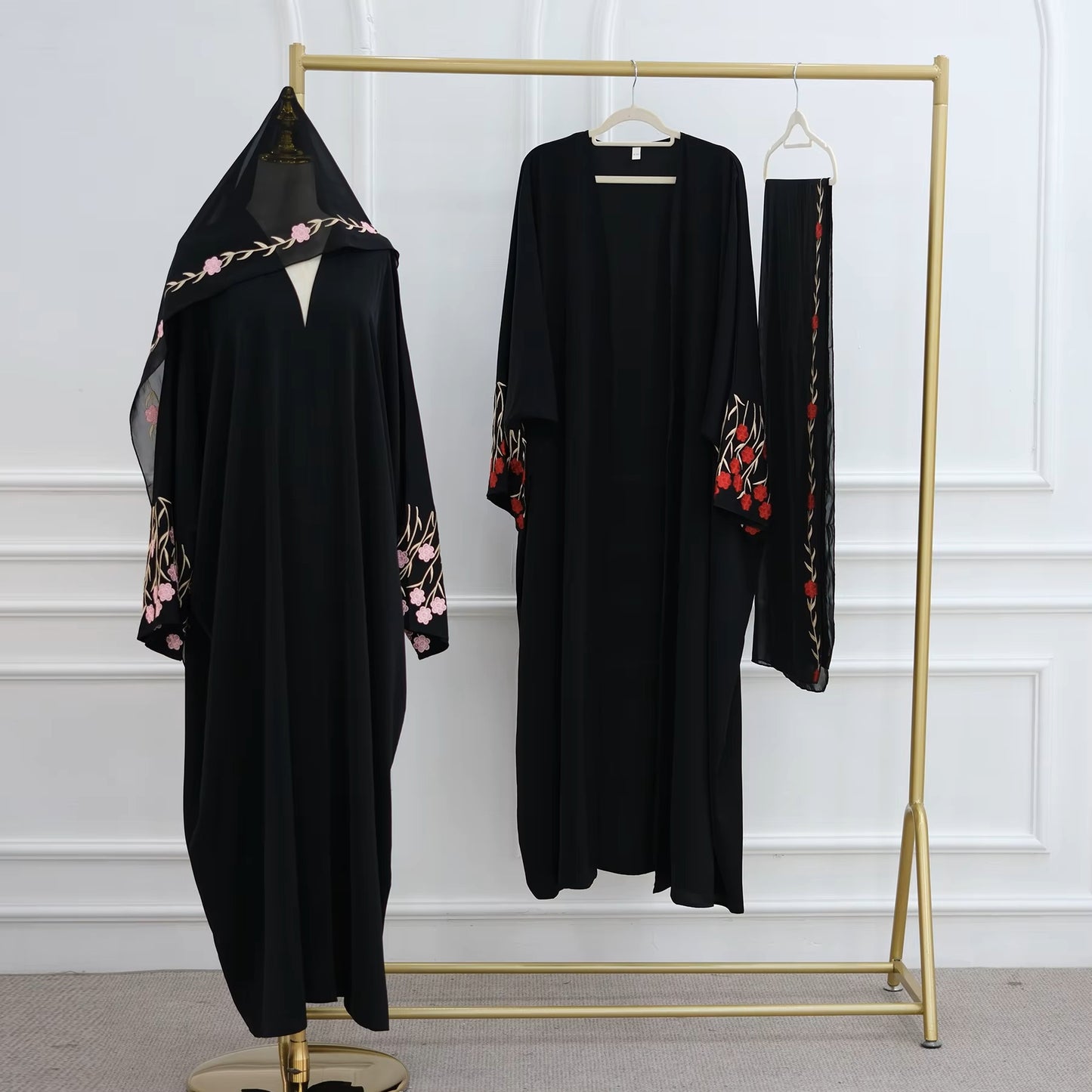 Kimono Abaya – Floral Embroidered Sleeves - Chaddors