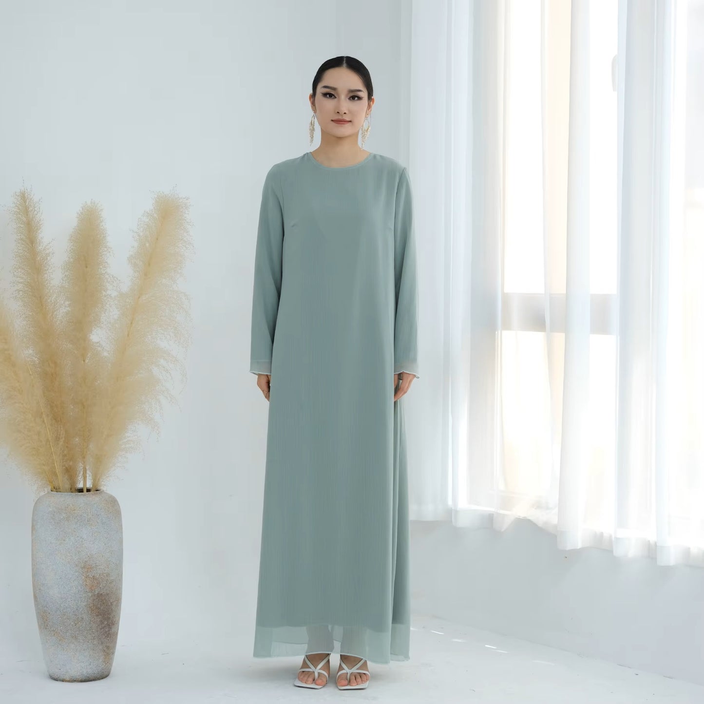 Mint Chiffon Open Abaya + Inner Dress – 2‑Piece Set - Chaddors