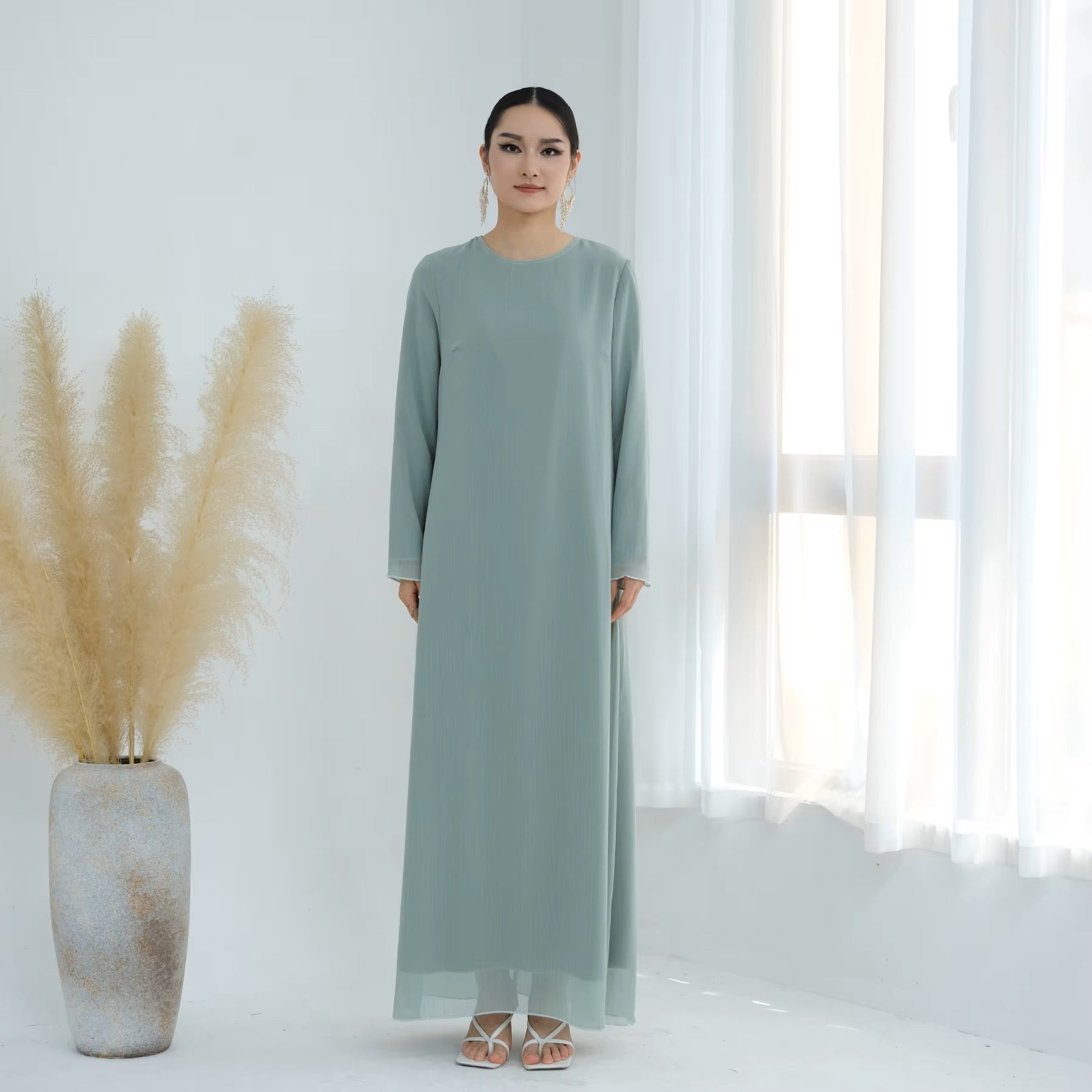 Mint Chiffon Open Abaya + Inner Dress – 2‑Piece Set - Chaddors
