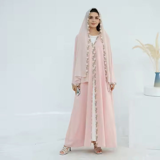 Blush Pink Lace Trim Abaya