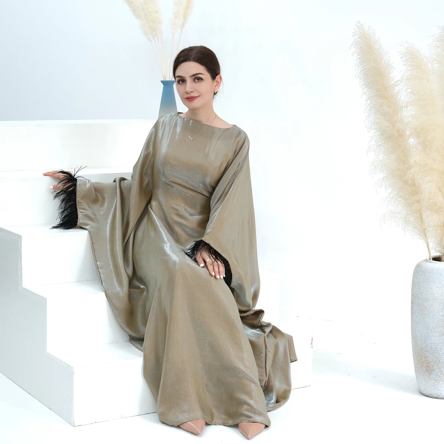 Khakhi Feather Sleeves Shinny Butterfly Abaya