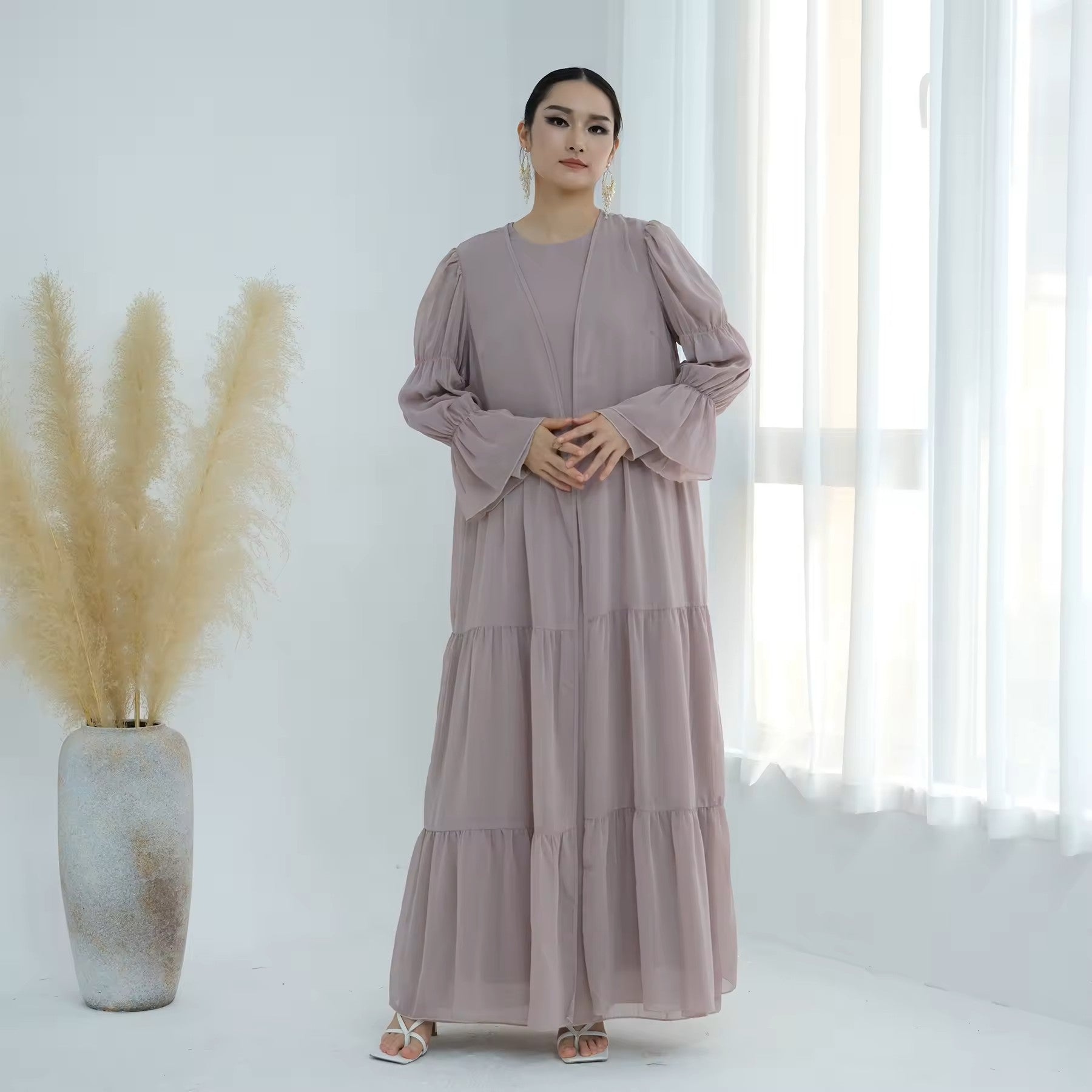 Pink Chiffon Open Abaya + Inner Dress – 2‑Piece Set - Chaddors