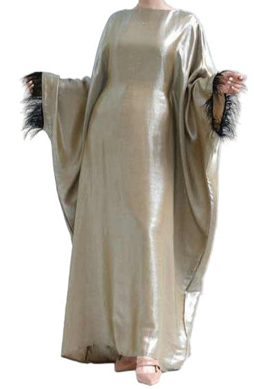 Khakhi Feather Sleeves Shinny Butterfly Abaya