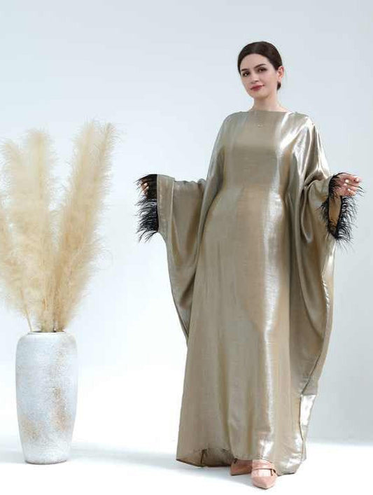 Khakhi Feather Sleeves Shinny Butterfly Abaya