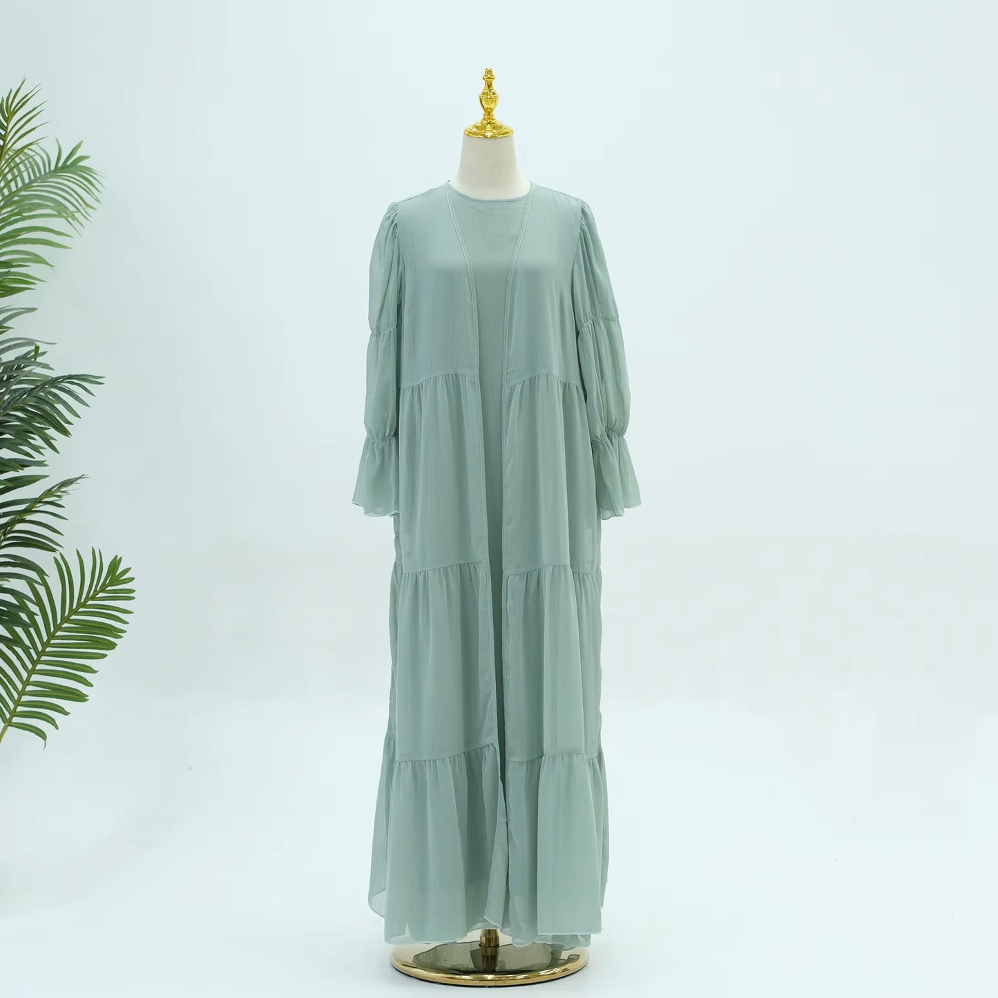 Mint Chiffon Open Abaya + Inner Dress – 2‑Piece Set - Chaddors