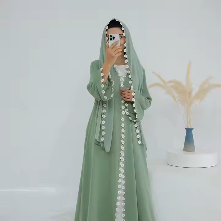 Mint Green Lace Trim Abaya