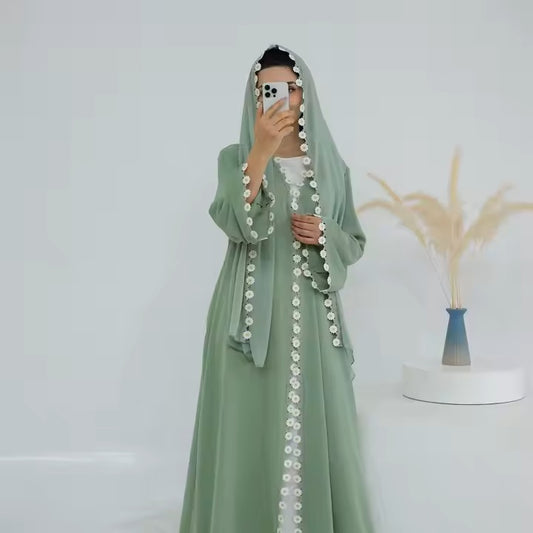 Mint Green Lace Trim Abaya