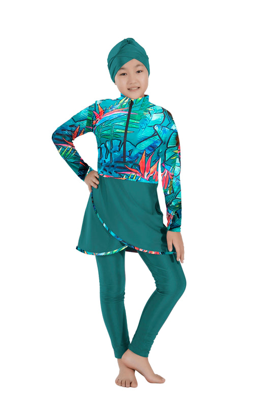 Cyan Full Covered Girls Swimwear