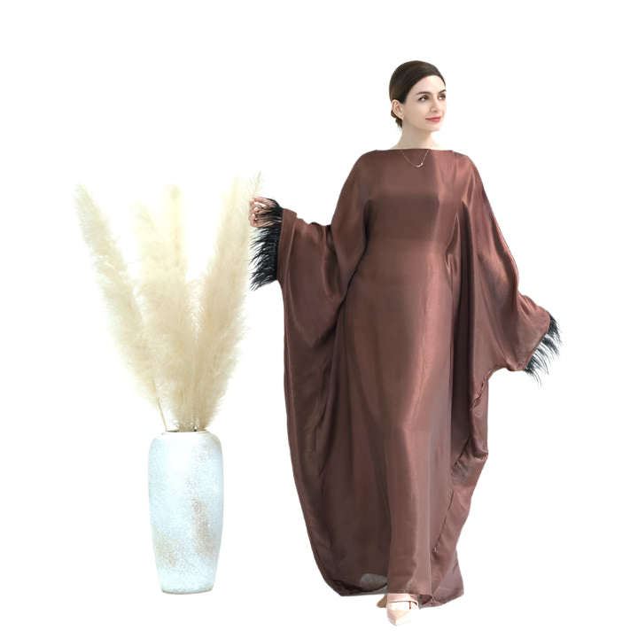 Coffee Feather Sleeves Shinny Butterfly Abaya
