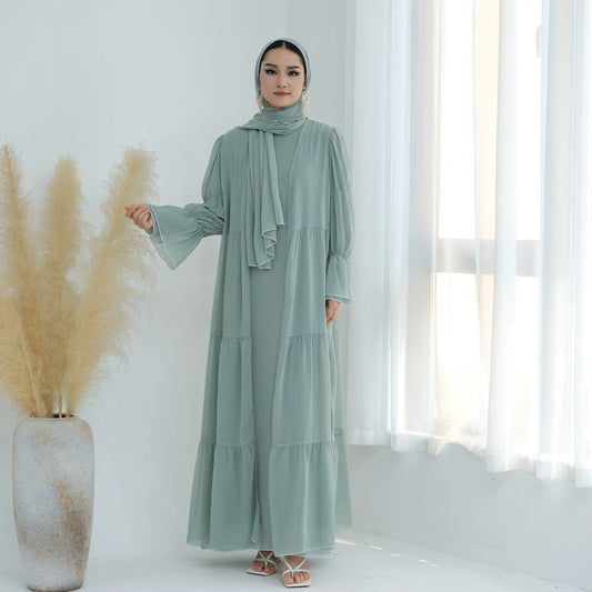 Mint Chiffon Open Abaya + Inner Dress – 2‑Piece Set - Chaddors