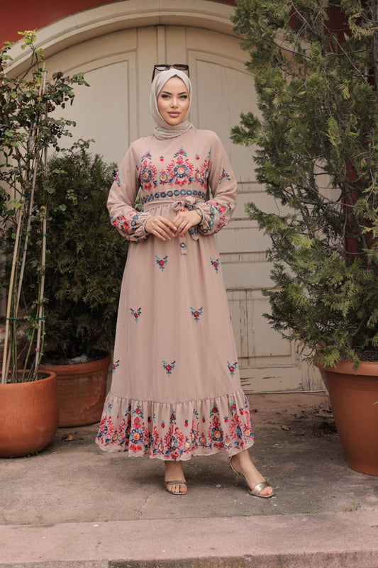 Beige Emboidered Design Turkish Dress - Chaddors
