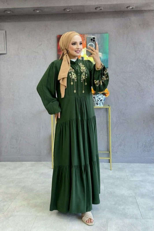 Army Green Embroidered Dress