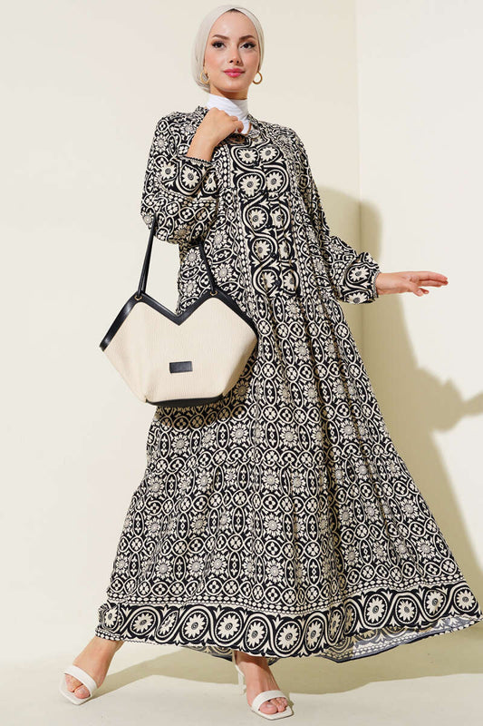 Black Flower Patterned Dress - Chaddors