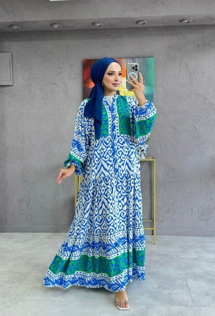 Blue and Green Abstract Design Dress - Chaddors