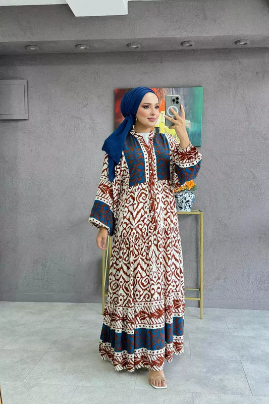 Blue and Brown Abstract Design Dress