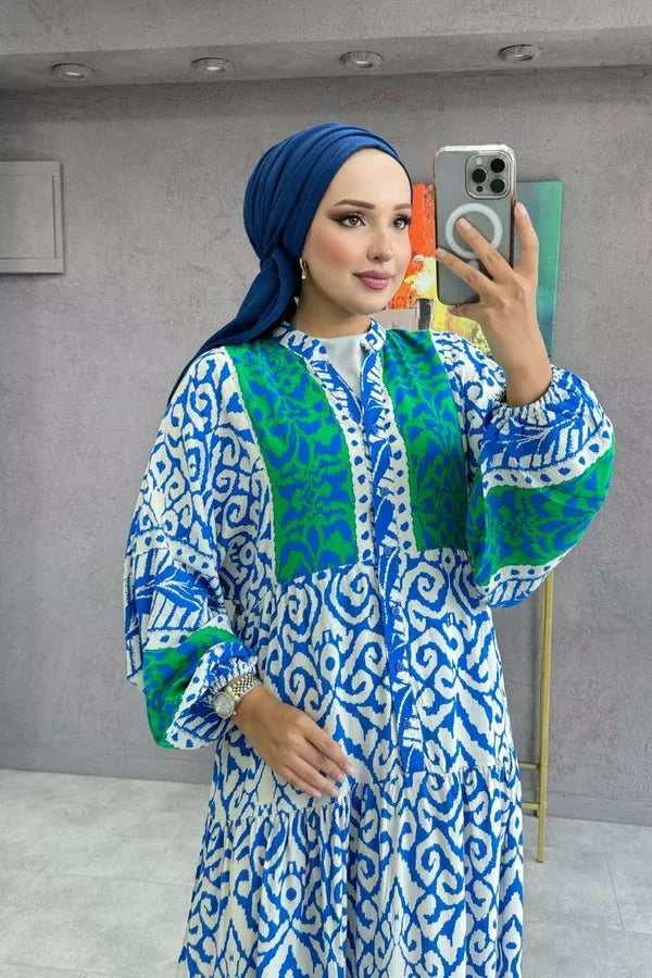 Blue and Green Abstract Design Dress - Chaddors