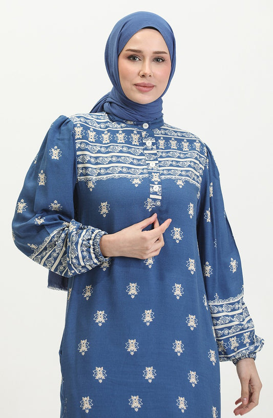 Blue Floral Patterened Dress - Chaddors