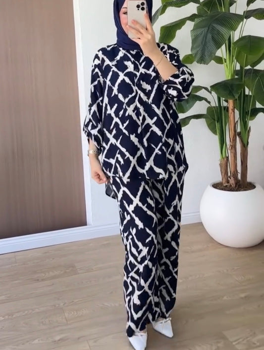 Navy Abstract Print Two‑Piece Co‑ord Set - Chaddors