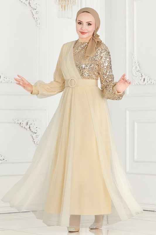 Off White Sequence Net Turkish Dress