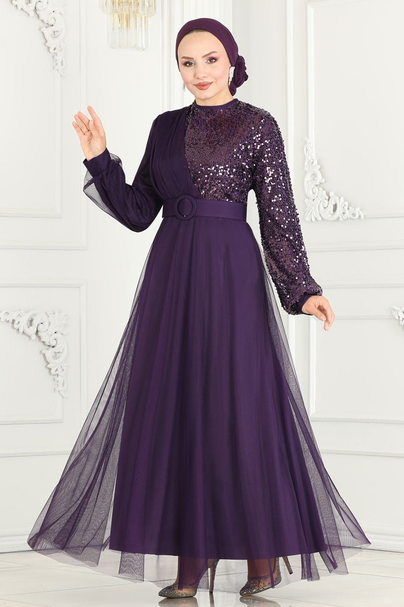 Purple Sequence Net Turkish Dress - Chaddors