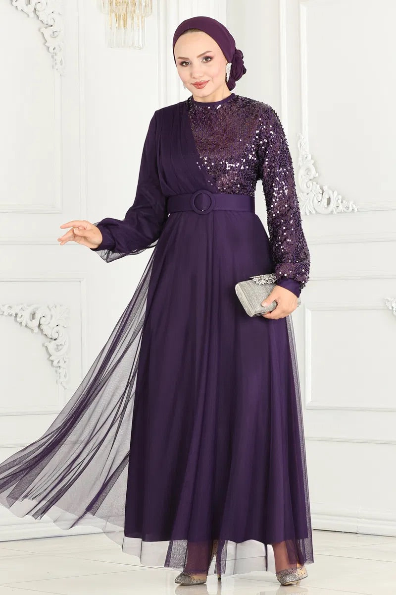 Purple Sequence Net Turkish Dress - Chaddors