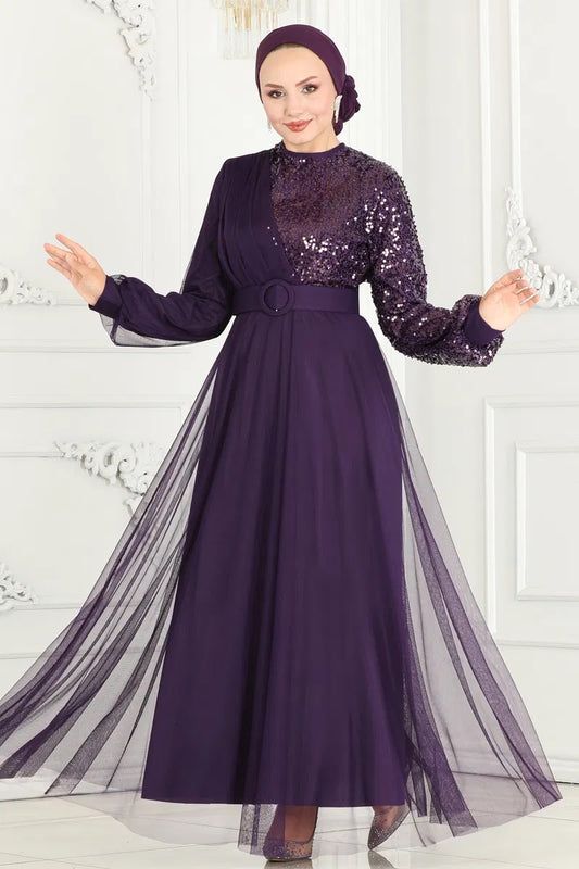 Purple Sequence Net Turkish Dress - Chaddors