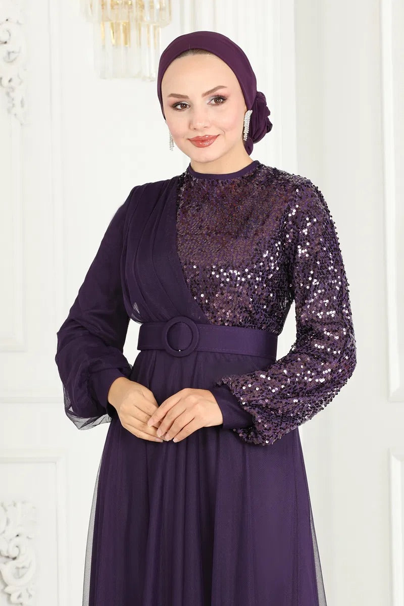 Purple Sequence Net Turkish Dress - Chaddors