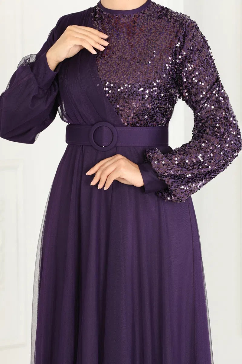 Purple Sequence Net Turkish Dress - Chaddors