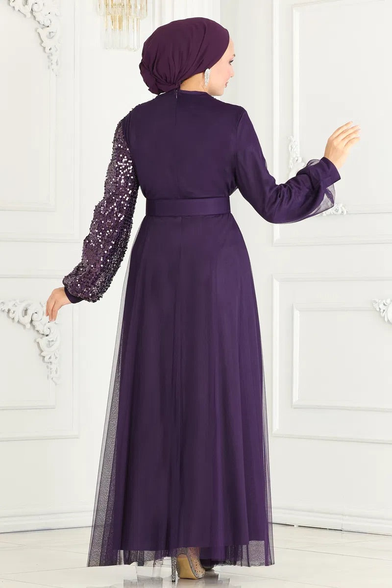 Purple Sequence Net Turkish Dress - Chaddors