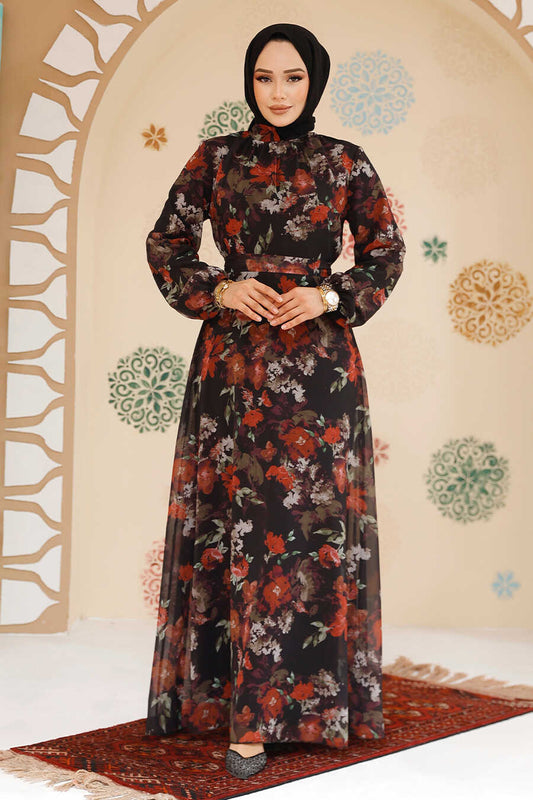 Black Flowers Turkish Dress - Chaddors