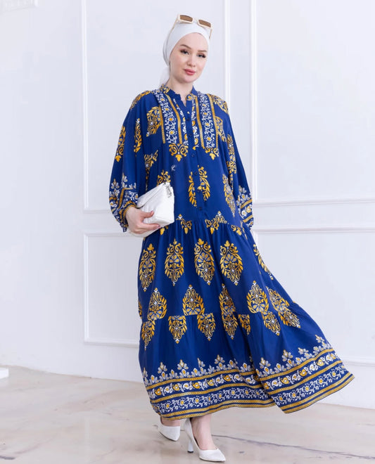 Blue Balloon Sleeves Dress - Chaddors