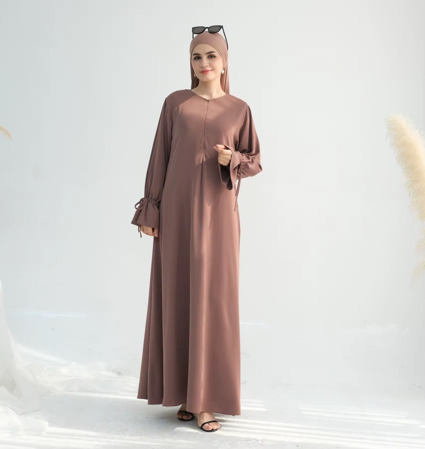Khakhi Ruffle Sleeves Abaya Dress