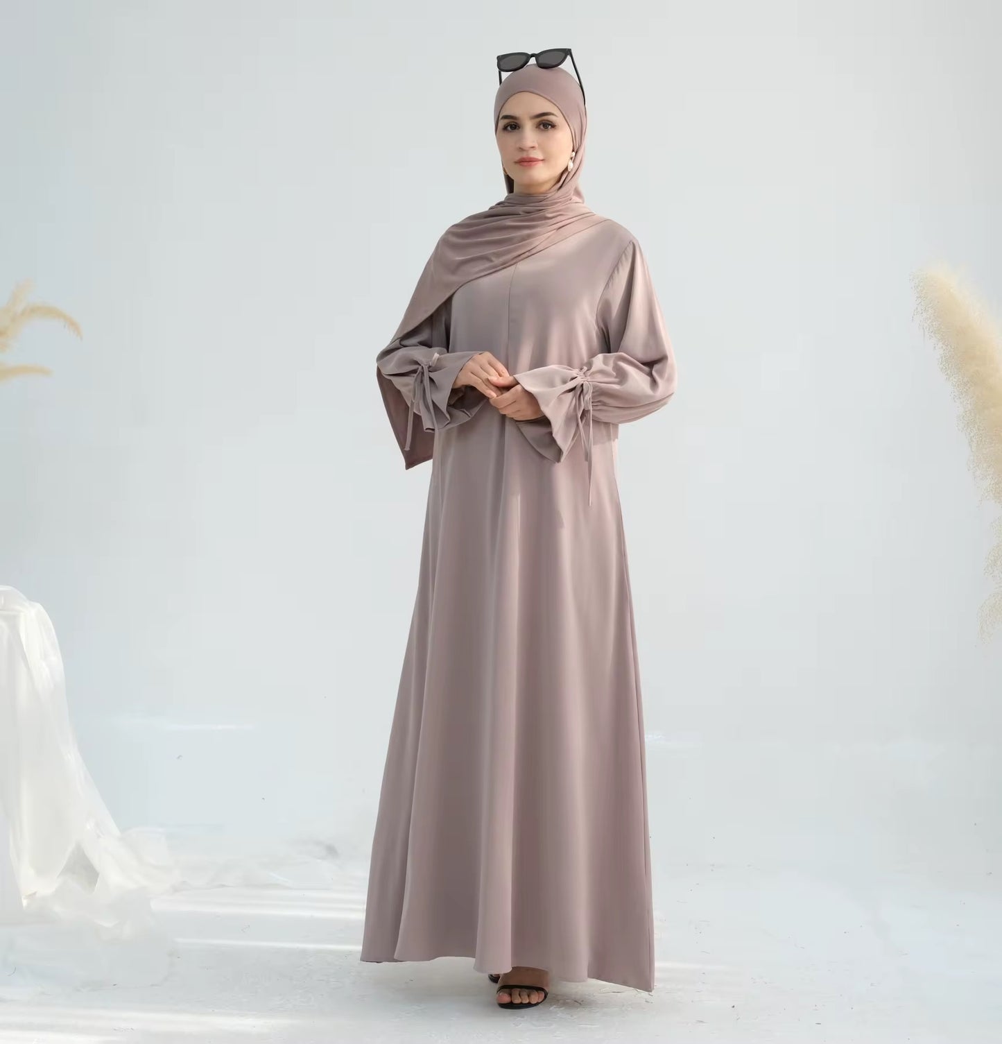 Beige Ruffle Sleeves Abaya Dress