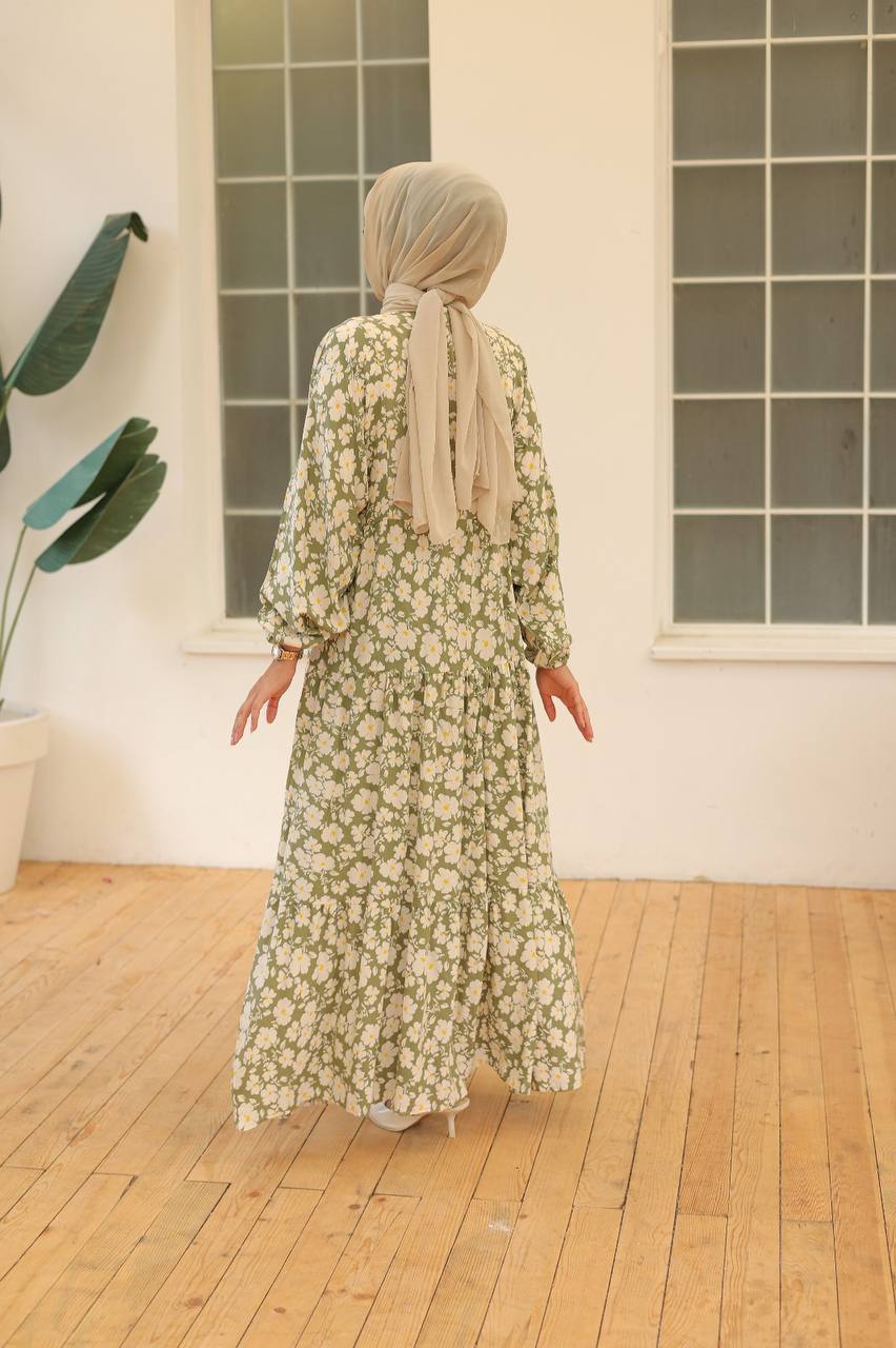 Olive Green Floral Printed Dress