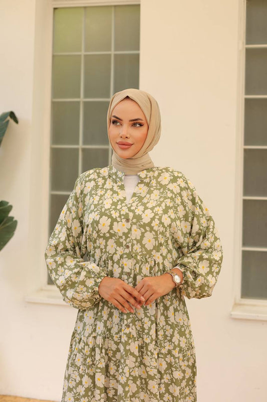 Olive Green Floral Printed Dress
