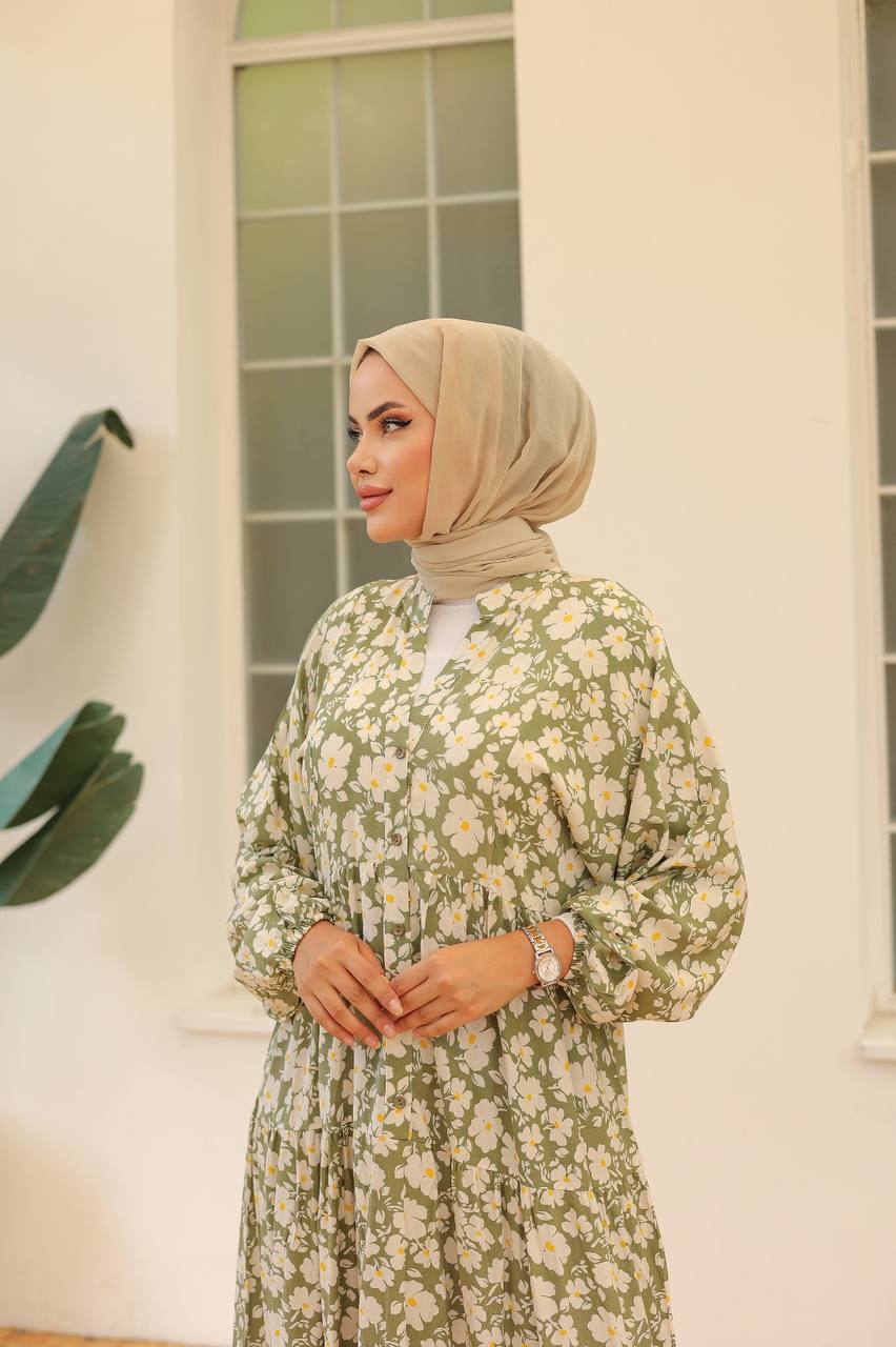 Olive Green Floral Printed Dress