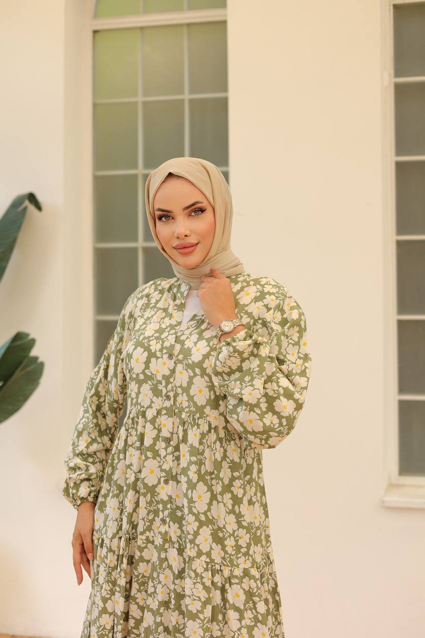Olive Green Floral Printed Dress
