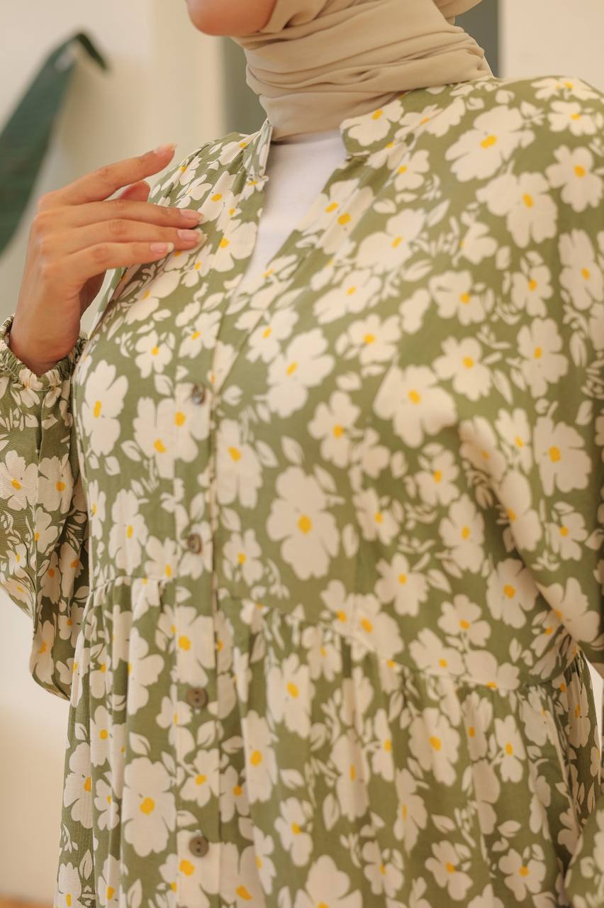 Olive Green Floral Printed Dress