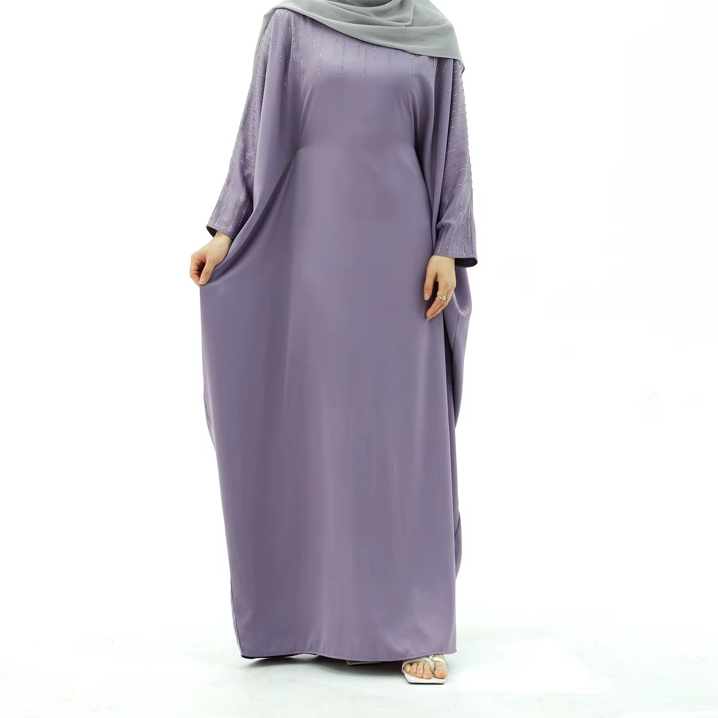 Lilac Satin Rhinestone Batwing Abaya