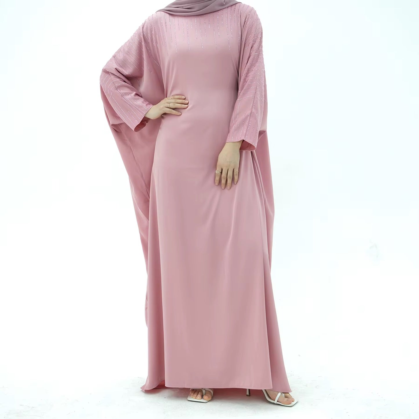 Pink Satin Rhinestone Batwing Abaya