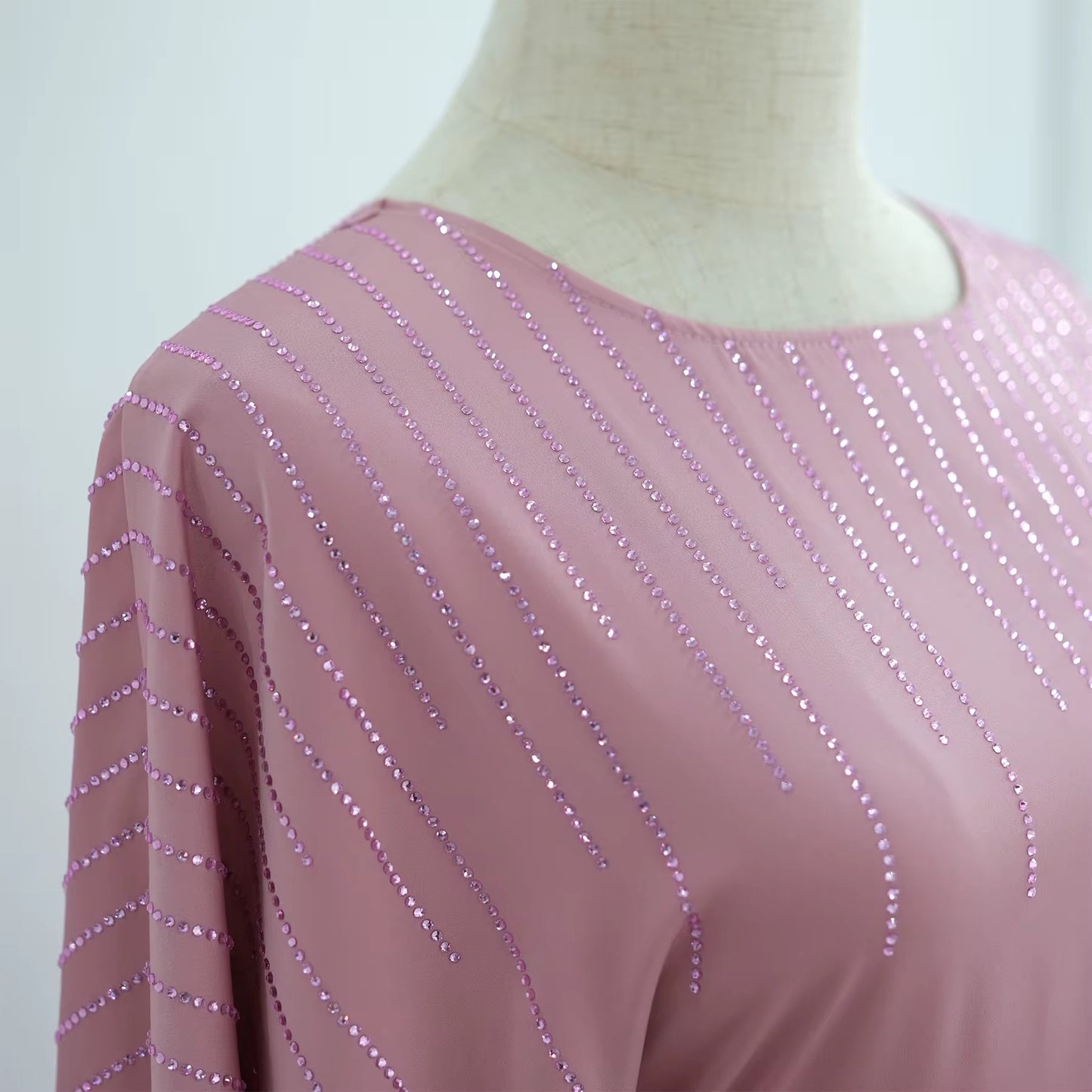 Pink Satin Rhinestone Batwing Abaya