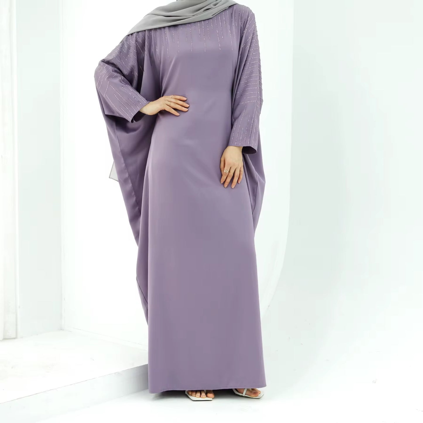 Lilac Satin Rhinestone Batwing Abaya