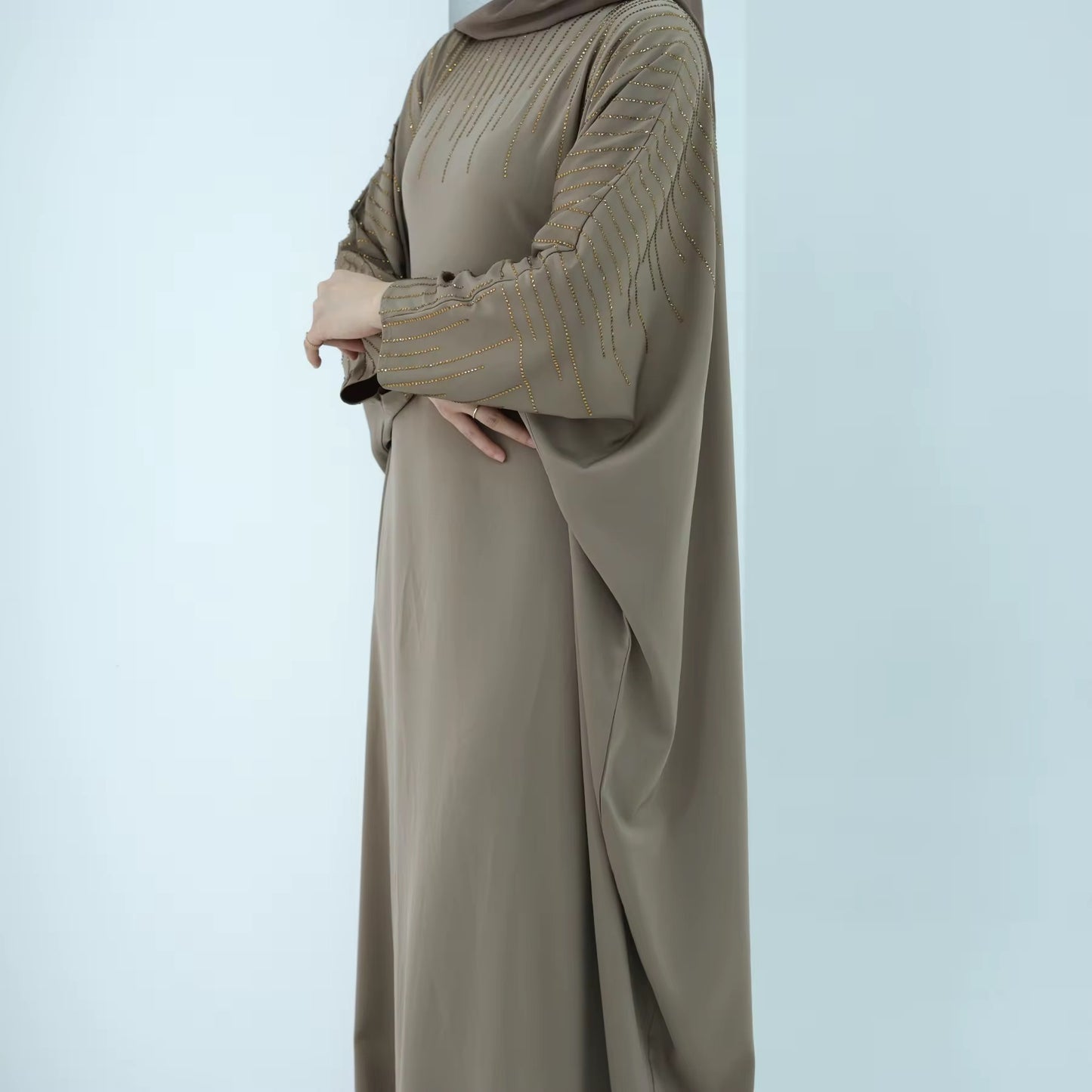 Golden Satin Rhinestone Batwing Abaya