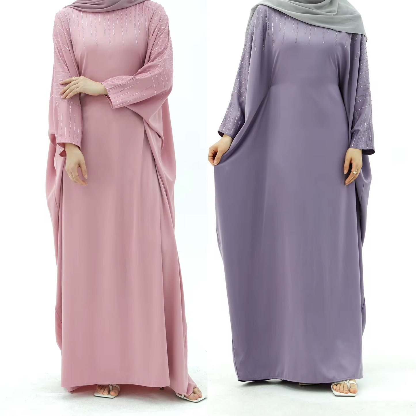 Pink Satin Rhinestone Batwing Abaya