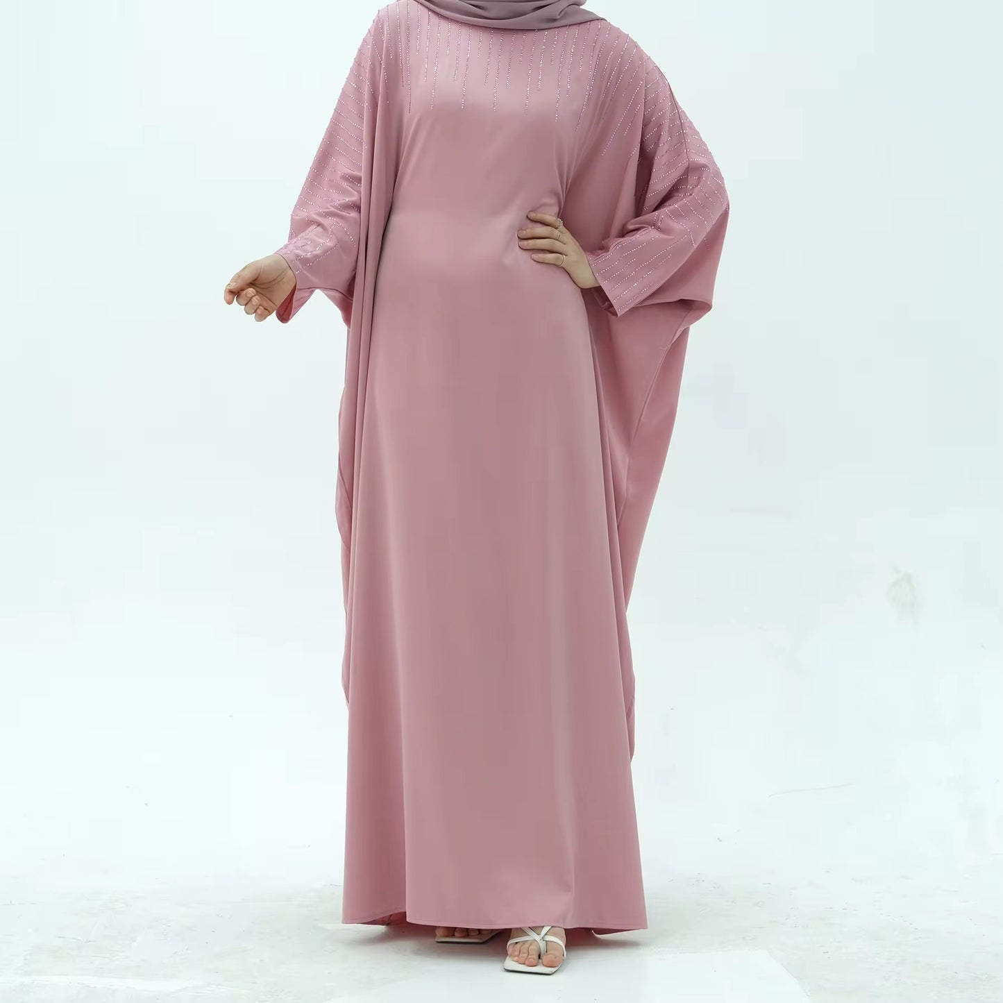 Pink Satin Rhinestone Batwing Abaya